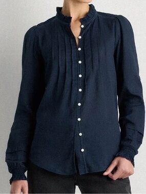 Quince Organic Textured Cotton Long Sleeve Navy Peasant Blouse Large